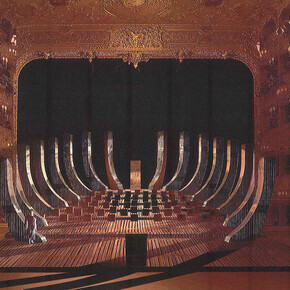 Bozzetto della struttura costruita all’interno della sala e della platea del Teatro La Fenice per ospitare pubblico e orchestra. 