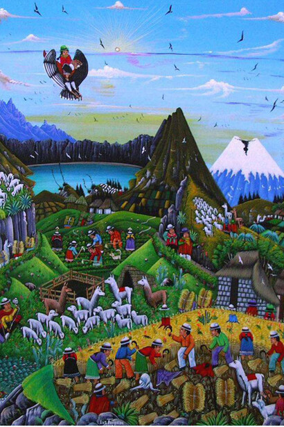 Tigua, Arte desde el centro del Mundo, La cosecha de cebada en minga, Alfredo Toaquiza, 2008