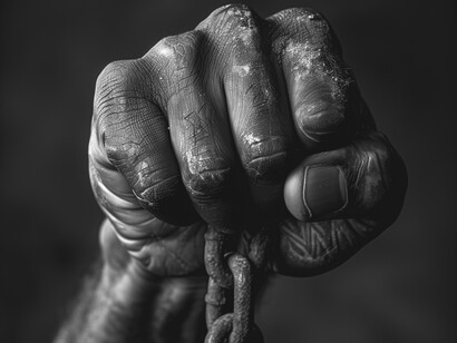 A fist clenched around a chain