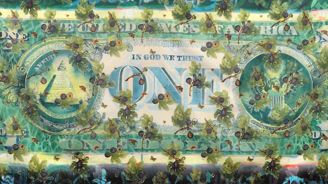 Hassan Musa, Moneytheism, 2014, Ink on textiles, 163 x 258 cm, Courtesy of the artist and Galerie Maïa Muller