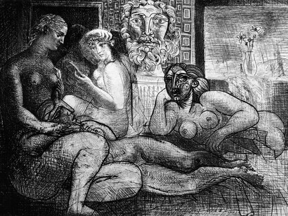 Pablo Picasso 1881-1973. Four Nude Women and a Sculpted Head, from: La Suite Vollard | Quatre Femmes Nues et Tête Sculptée, 1934
Original Hand Signed Etching and Drypoint on Montval Laid Paper with Vollard Watermark
45.1 x 34.5 cm. / 17.5 x 13.6 in. Courtesy  Gilden's Art Gallery
