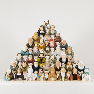 Philosophers forming a human pyramid	, 2014, Glazed ceramic, bronze, copper 120 x 160 x 40 cm
