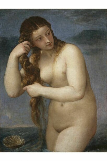 Titian (Tiziano Vecellio), Venus Rising from the Sea ('Venus Anadyomene'), c.1520, Oil on canvas, 75.80 x 57.60 cm (framed: 103.00 x 84.00 x 15.00 cm), Acquired from the Trustees of the 7th Duke of Sutherland, partially in lieu of inheritance tax, with the aid of the Heritage Lottery Fund, The Art Fund (with a contribution from the Wolfson Foundation) and the Scottish Executive 2003, Scottish National Gallery