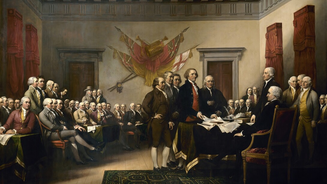 En esta famosa pintura, John Trumbull (1756-1843) muestra al comité de redacción de la Declaración de Independencia de los Estados Unidos presentando su trabajo al Congreso
