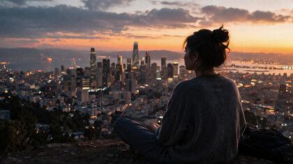 A solitary moment of reflection above the city, where stillness and self awareness rise above the noise of a fast moving world