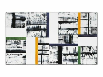 Ricardo Mazal, Composition with Yellow, Green, Purple 1, 2013, oil on linen, 45 x 80 inches. Courtesy of Sundaram Tagore Gallery.