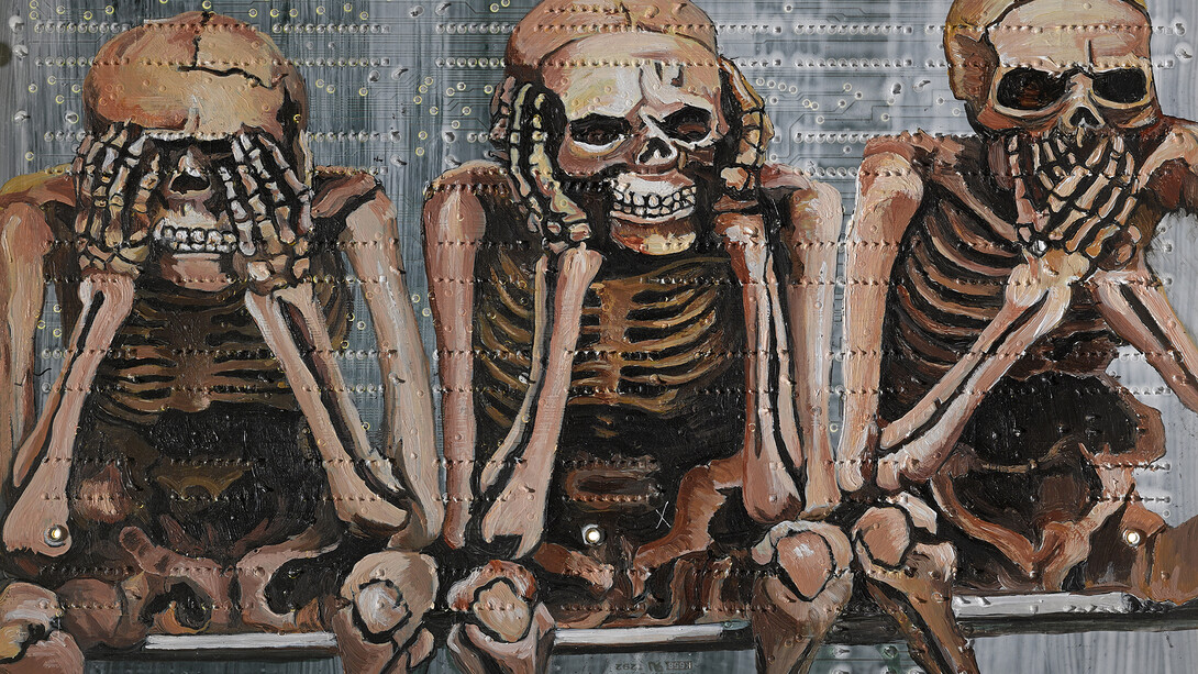 Miranda Donovan, See Hear and Speak No Evil, 2014, Acrylic on Computer Motherboard Framed in Light Box, 27.5 x 29 cm