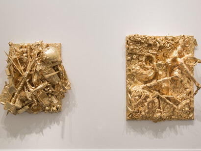 John Miller, The Newcomers, 2008, Imitation gold leaf, plaster, papier-mâché, assorted clothing and plastic objects on hollow-core panel, 52 x 47 ¼ x 21 5/8 inches/ John Miller
The Young and the Restless, 2008, Imitation gold leaf on MDF, Styrofoam, papier-mâché, and toys, 65 x 52 x 17 inches