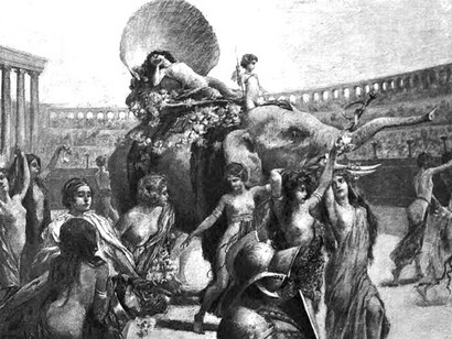 "The goddess! Pelagia Aphrodite herself," an illustration from an 1899 edition of Charles Kingsley's 1853 novel, Hypatia, from Vol. 2, chapter 22, page 137, showing Pelagia riding on top of an elephant as part of a procession