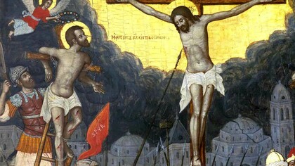 Links; Dysmas und Rechts; Jesus, "Die Kreuzigung", Fragment, Bild von Ioanis Moskos, ca. 1711. Griechisches Institut für byzantinische und postbyzantinische Studien, Venedig.