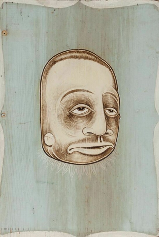 Barry McGee, Untitled, 1994, Mixed media on driftwood, 22 x 16 in. Collection of Mariallidia Marcotulli, Image courtesy the artist and Ratio 3, San Francisco