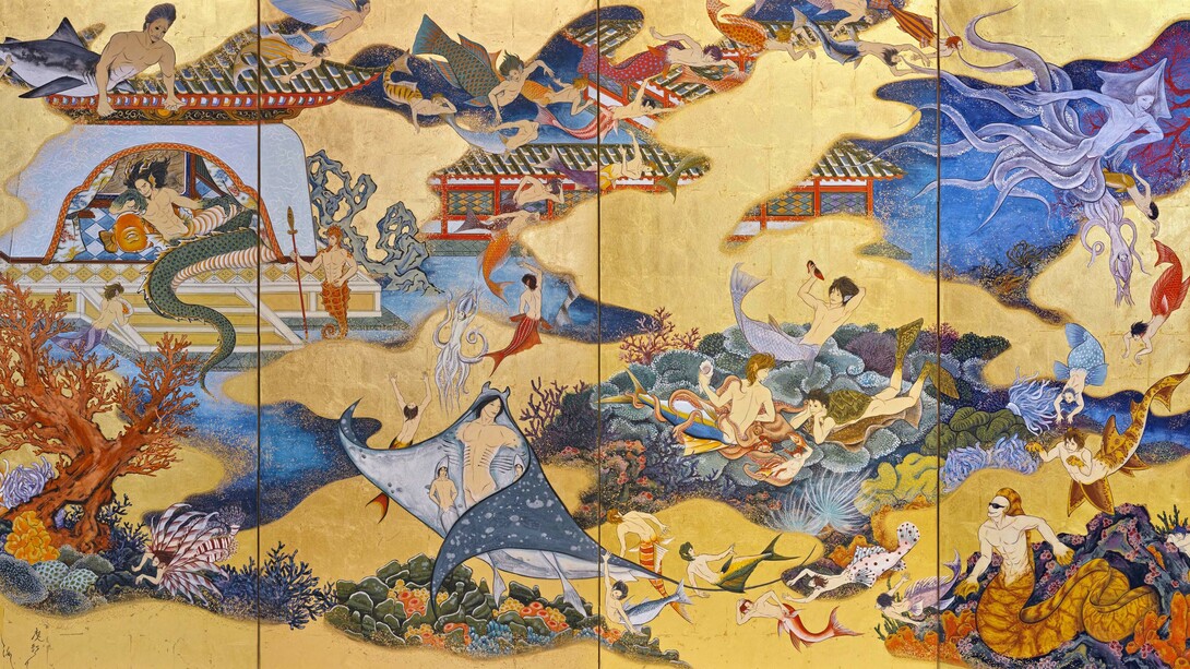 Kimura Ryoko, The Sea of the Enchanted City - Paradise of Dragon Palace, 2016, Japanese pigments and gold leaf on paper mounted on a six-panel folding screen, 176 x 340 cm, © Kimura Ryoko, courtesy of Mizuma Gallery
