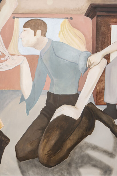 William Brickel, Begging (Kneeling) detail, 2023. Oil on linen, 63 x 51 1/2 inches. Courtesy of Kohn Gallery