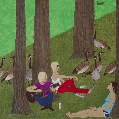 Yves Tessier, Sur l'herbe Avec les Bernaches, 2017, casein on aluminum, 27 x 26 in. Courtesy of SHRINE 

