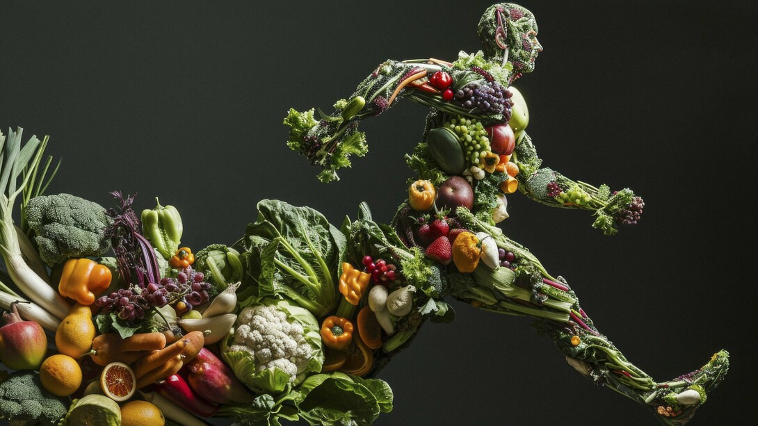 A running figure composed entirely of colorful fruits and vegetables symbolizing the vital connection between healthy eating and athletic performance