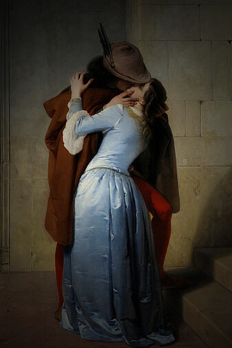 Francesco Hayez, The Kiss (1859). Oil on canvas, 110 × 88 cm (43 × 35 in), Pinacoteca de Brera, Milan, Italy