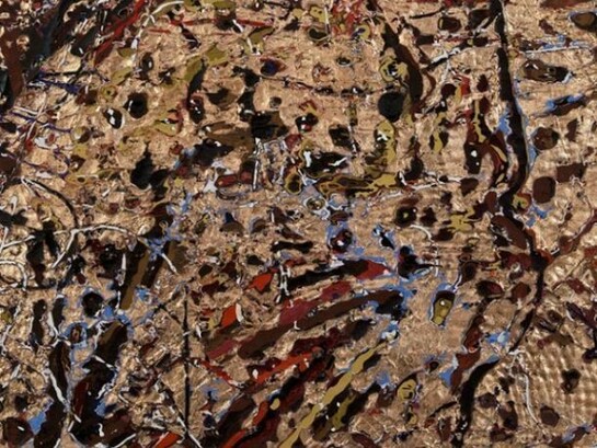 Garth Weiser, Detail view: WNYC sustaining member Haiku, 2013, Copper leaf, acrylic, and dimensional fabric paint on canvas, 100 x 82" / 254 x 208.3cm