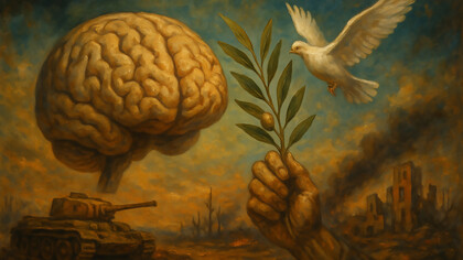 A fragile dove rises with an olive branch against the backdrop of war and ruin, symbolizing the struggle between destruction and the enduring hope for peace