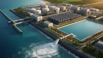 A large-scale desalination plant efficiently processes seawater, converting it into fresh water for various uses, with the returned brine visibly re-entering the ocean
