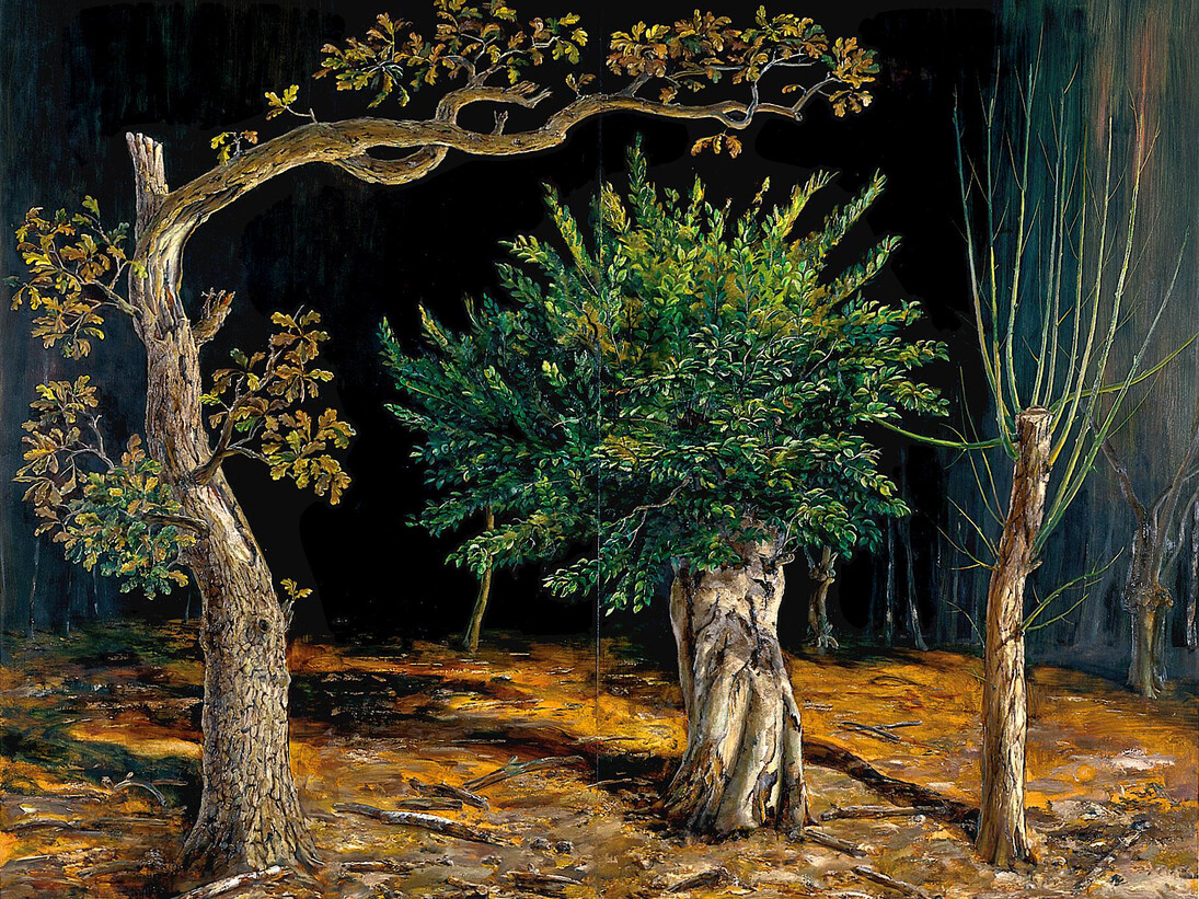 Three Pollards, Julian Perry, oil on panel, 2004