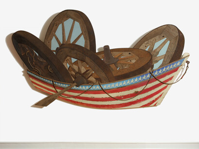 Frank Litto, Row Boat, 2000 52 x 96 x 2 inches, wood, paint, rope, sand, rust, metal ring