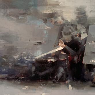 Jérôme Lagarrigue, Esthétique d'une mêlée, Huile sur toile, Oil on canvas, 96,5 x 152 cm, 38 x 59 in