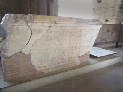 The Colosseum (Rome). Inscription that reads: "Imperator Caesar Vespasian Augustus ordered a new amphitheater to be made from the spoils of war", ph. Brenda Lee Bohen