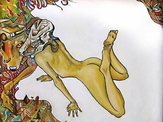 Eatcho, “Headless”, acrylic, ink, spray paint on canvas, 21″ x 17″