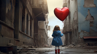 Girl holding heart shaped balloon in a destructed city