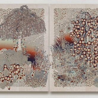 Andy Millner, Floating World (Bird Nest on the Ground), 2024,
Pigment print, mulberry paper on linen; diptych,
78 x 108 inches overall. Courtesy of the artist and Heather Gaudio Fine Art