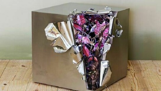 Maria Pergay, Secret Cube, 2013, Stainless steel, bronze with copper leaves, 20.63 H x 21.75 x 20.88 inches, 52.4 H x 55.2 x 53 cm, Edition of 8
