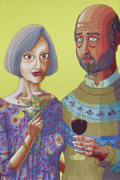 Grayson PerryJulie and Rob, 2013 Wool, cotton, acrylic, polyester and silk tapestry 400 x 300 cm 157 1/2 x 118 1/8 in Published by Paragon© Grayson Perry Courtesy the artist, Paragon | Contemporary Editions Ltd and Victoria Miro, London