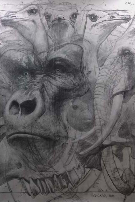 Quentin Garel, Palimpseste IX (Gorille), 2014, Charcoal on Paper, 79" x 59"
