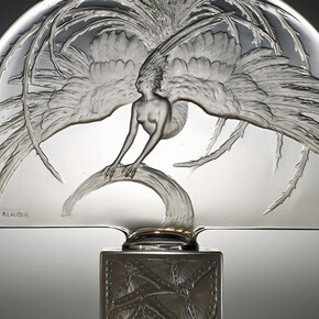 René Lalique, designer, Lalique et Cie, manufacturer: Oiseau de feu (Firebird). Illuminated Surtout de table (Table decoration): Bronze base, colorless glass; mold-pressed, acid-etched intaglio design. Designed 1922. All images courtesy the Corning Museum of Glass. Click any image to enlarge