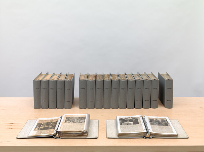 On Kawara, I Read, 1966–95, Clothbound loose-leaf binders with plastic sleeves and inserted printed matter, Eighteen volumes, 11 1/2 x 11 3/4 x 3 inches (29.2 x 29.8 x 7.6 cm) each, Sleeve size: 11 x 8 1/2 inches (27.9 x 21.6 cm), Inserts: Newspaper pasted on paper with ink additions, 11 x 8 1/2 inches (27.9 x 21.6 cm) each, Front-page inserts: Newspaper with ink additions, 11 x 7 7/8 inches (27.9 x 20 cm) each. Collection of the artist