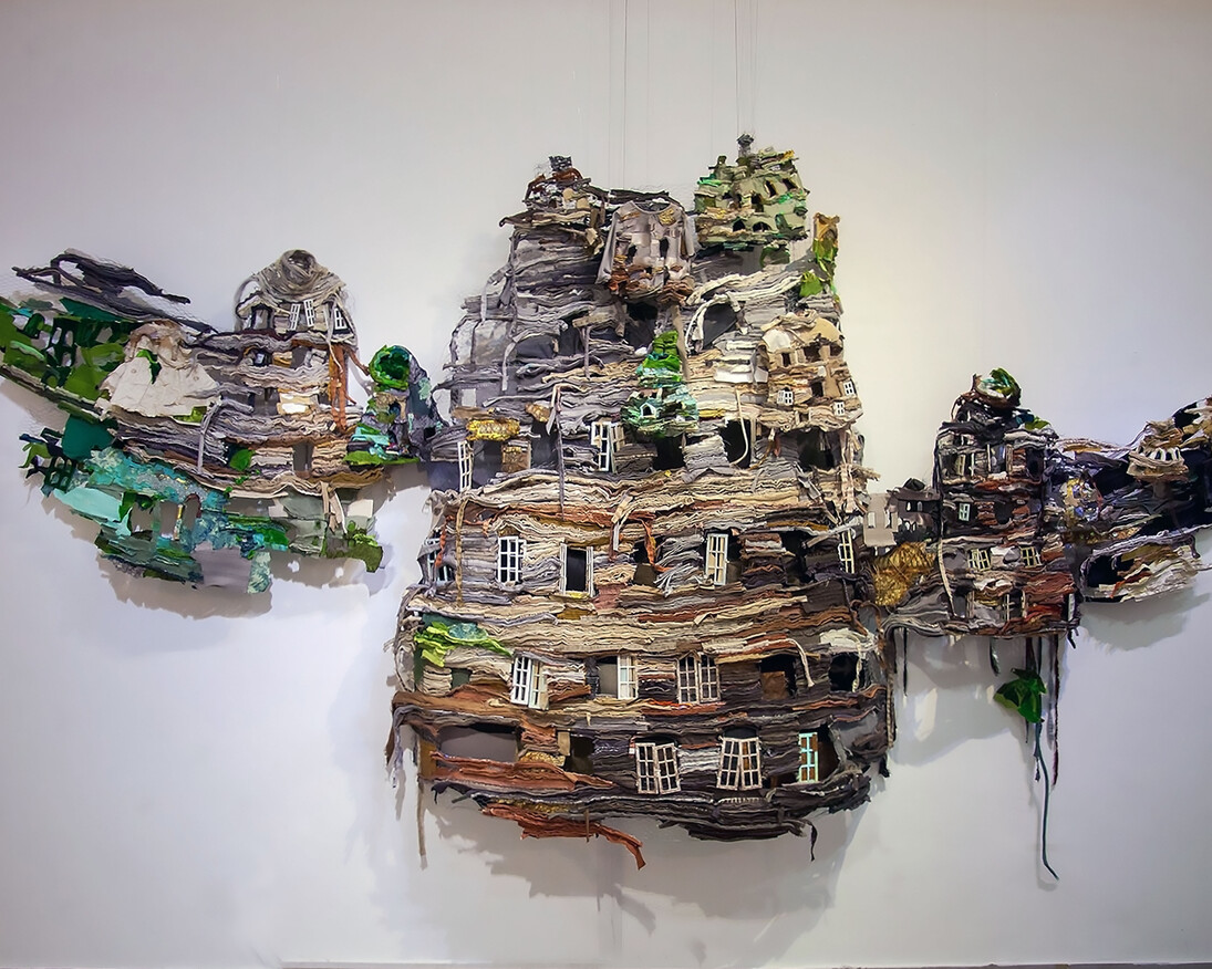 Ruby Chishti (b. 1963 in Multan, Pakistan. Lives and works in Brooklyn, NY). The Present is a Ruin Without the People, 2016, Recycled textiles, wire mesh, thread, wood, embellishment, metal scrapes, and archival glue; with sound. H. 81 3/4 x W. 127 7/8 x D. 11 3/4 in. (207.6 x 324.8 x 29.8 cm). Courtesy of the artist
