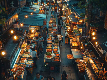 A bustling night market showcasing local produce and street food, conveying the city’s culture of abundance and care