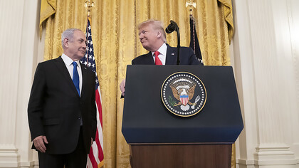 President Trump with Benjamin Netanyahu Prime Minister of Israel, unveils a Plan for a Comprehensive Peace Agreement Between Israel and the Palestinians in USA
