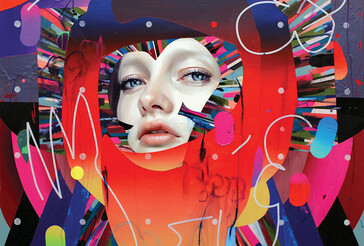 Erik Jones, PS36, 91x91cm. Color pencil, Water-Soluble Wax Pastel, Acrylic, Adhesive White Vinyl on Rives bfk paper mounted to panel