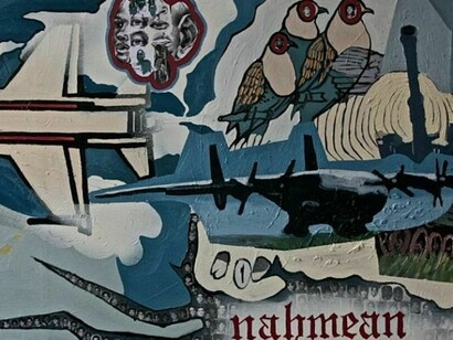 George Afedzi Hughes, Detail of Drastic Measures, 2013, oil, collage on canvas, 30x66 inches