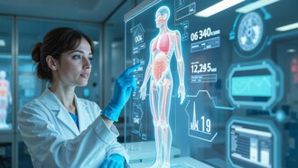 A doctor studying an interactive three-dimensional human anatomy display, reflecting the transformation of medicine through data-driven innovation