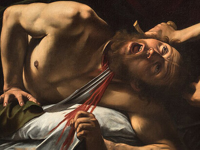 Giuditta e Oloferne, Caravaggio, (1598–1599), particolare. La composizione drammatica e intensa dell'opera "Giuditta e Oloferne" di Caravaggio, focalizzandoti sul gioco di contrasti tra luce e ombra e sull'abilità dell'artista nel catturare l'essenza umana