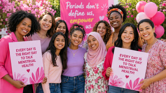 A united group of women holding awareness signs about menstrual health, symbolising the demand for openness, education, and societal acceptance