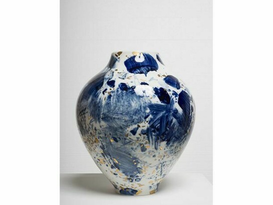 Chu Teh-Chun, Vase No. 24, 2007, porcelain, hand painted by the artist with gold highlights, unique, 14 x 11 x 11 inches