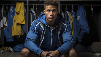 A young athlete sits in locker room showing determination and focus that drive not only performance but also financial strategy 