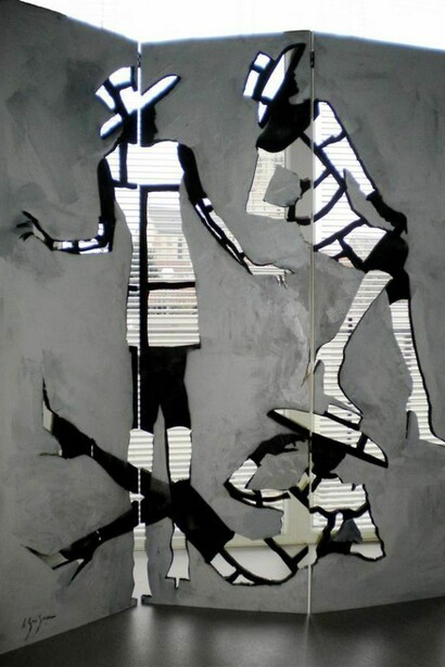 Henri Gueguen, Coco, Lacquer on Wood Folding Screen, 66" x 59"