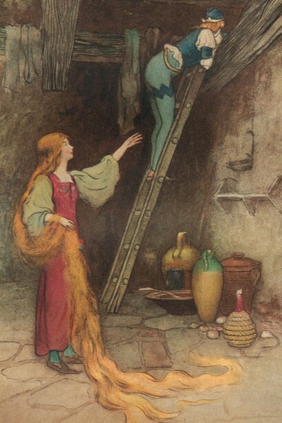 Illustrazione di Warwick Goble per "Grannonia and the fox" scena tratta dalla fiaba "The Enchanted Snake", traduzione inglese dell'originale "La serpe", tratta dal testo "Lo cunto de li cunti" 