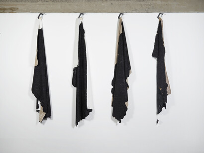 Analia Saban, Paint Rags (Primed Linen Canvas), 2015, ink on canvas, 102 x 18 x 11 inches; 259.1 x 45.7 x 27.9 cm (installed)