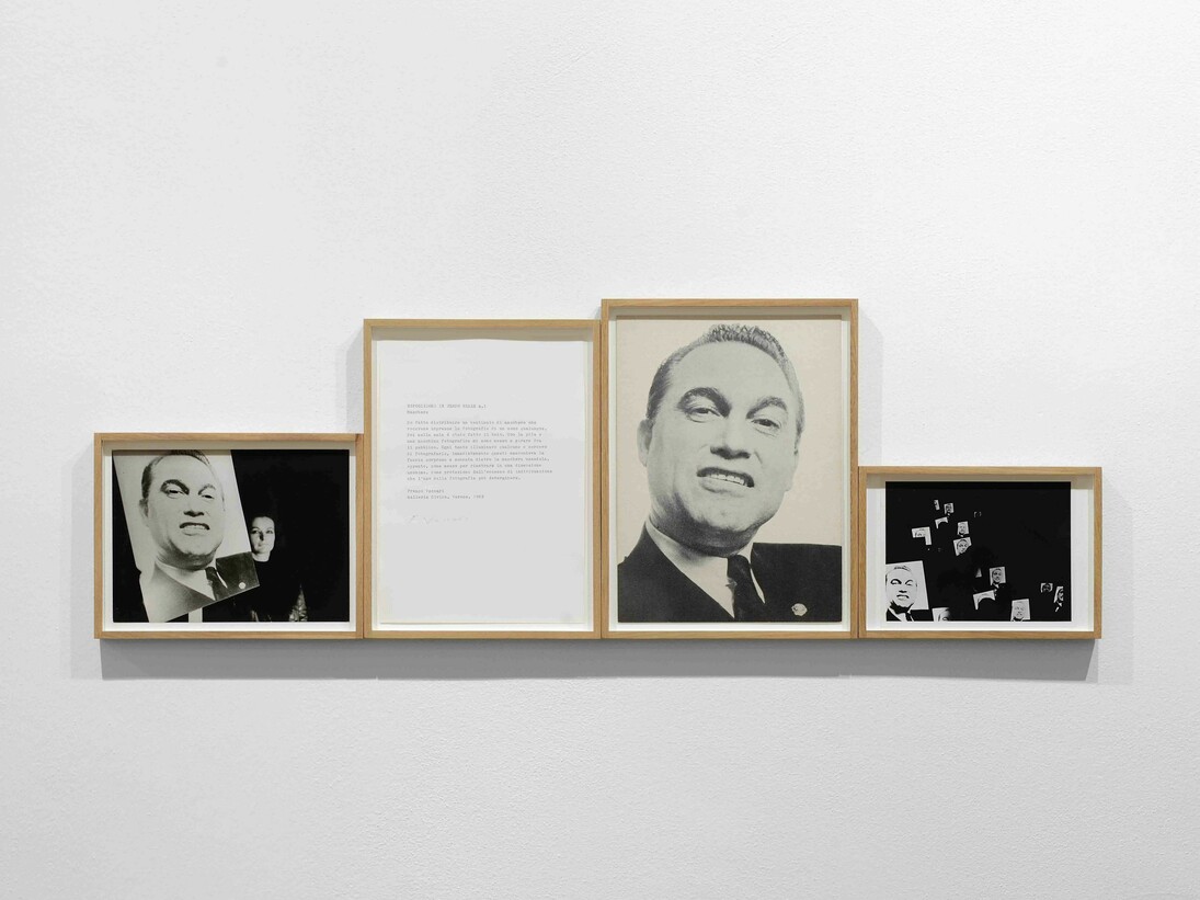 Franco Vaccari, Esposizione in tempo reale N.1, Maschere (Exhibition in real time N. 1, Masks), 1969, typewritten text, 2 vintage photographs, mask, 35 x 103 cm overall, Courtesy the artist and P420, Bologna