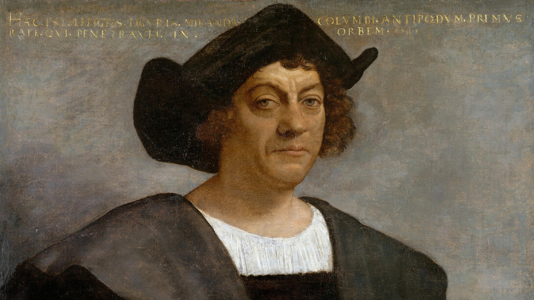 Sebastiano del Piombo; Retrato de hombre, 1519, con una leyenda de dudosa autenticidad que lo identifica como el ligur Colombo, «el primero en entrar en barco en el mundo de las Antípodas», Nueva York, Metropolitan Museum (detalle)